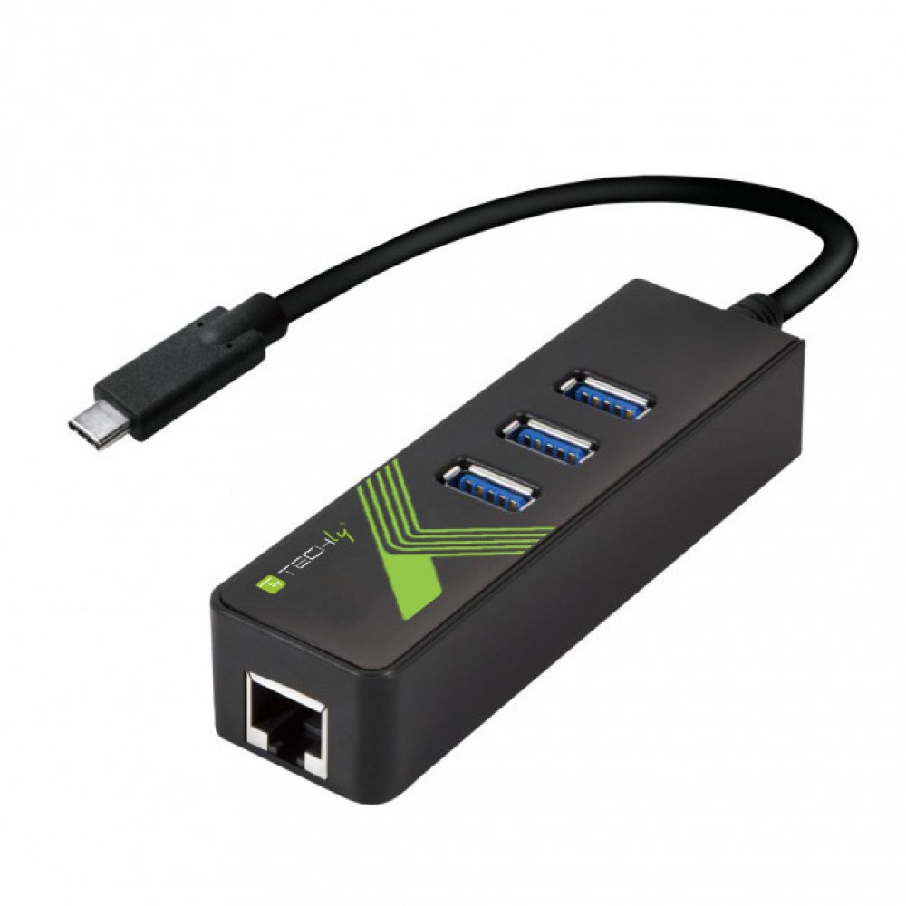 Adattatore Convertitore USB-C™ Ethernet Gigabit con Hub 3 porte USB-A 3.0  - TECHLY - IDATA USB-ETGIGA-3C2-1