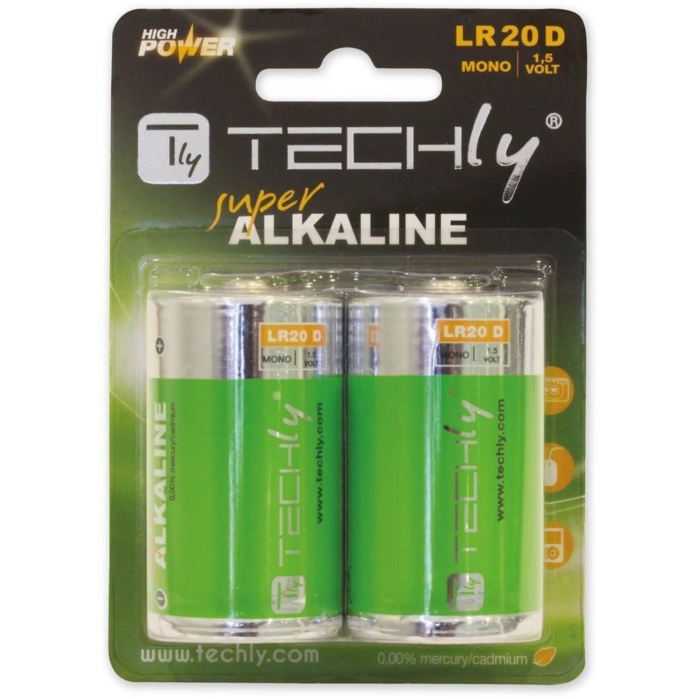 Blister 2 Batterie High Power Alcaline Torcia D LR20 1,5V - TECHLY - IBT-KAL-LR20T