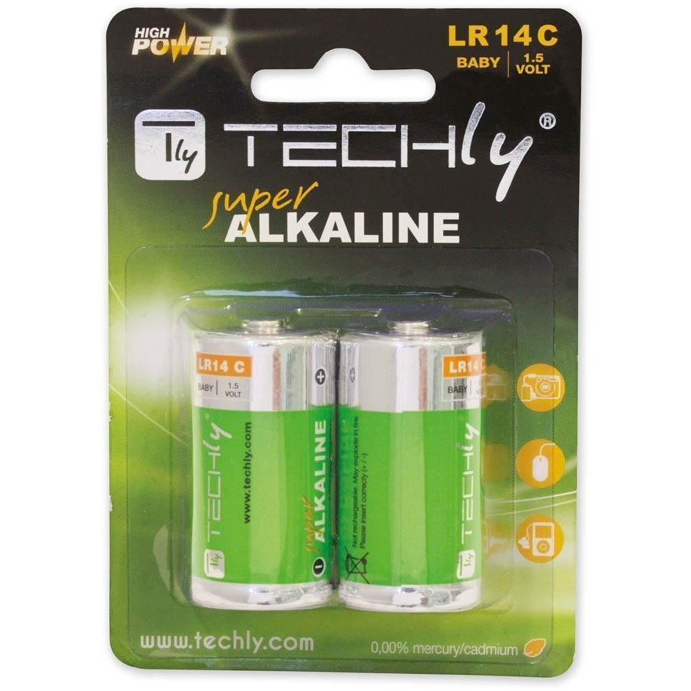 Blister 2 Batterie High Power Mezza Torcia C Alcaline LR14 1,5V - TECHLY - IBT-KAL-LR14T-1