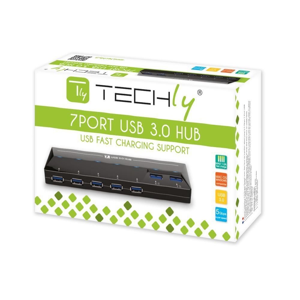 Hub USB 3.0 SuperSpeed 7 porte Nero (2 porte per ricarica Mobile) - TECHLY - IUSB3-HUB7-1