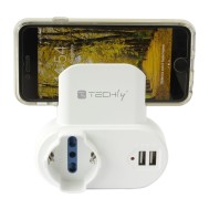 Adattatore Presa bipasso/Schuko 2 USB 1A con porta telefono - TECHLY - IPW-USB-1A2PC