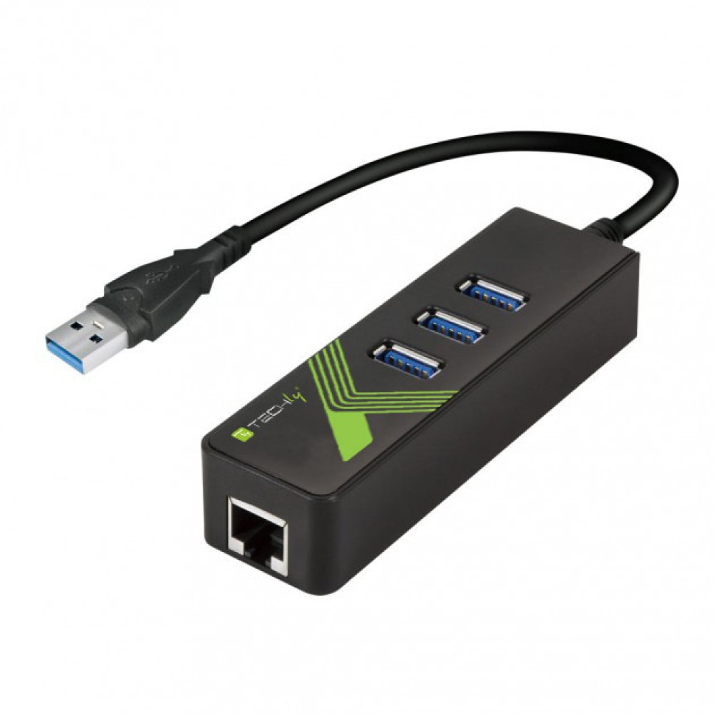 USB3.0 Gigabit Ethernet Adapter Converter with 3-Port Hub - TECHLY - IDATA USB-ETGIGA-3U2