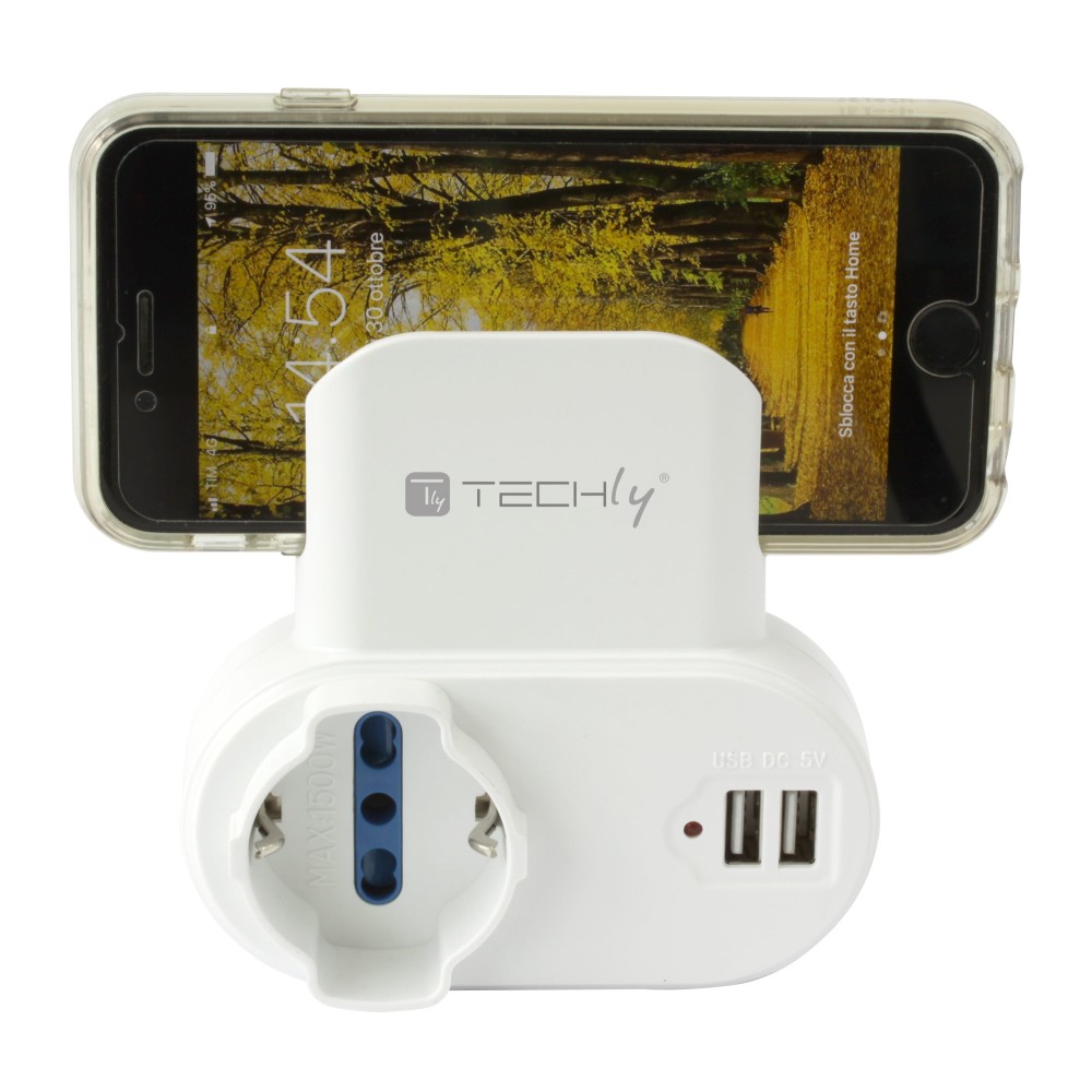 Adapter 2-socket / Schuko 2 USB 1A Socket with Smartphone Holder - Techly - IPW-USB-1A2PC