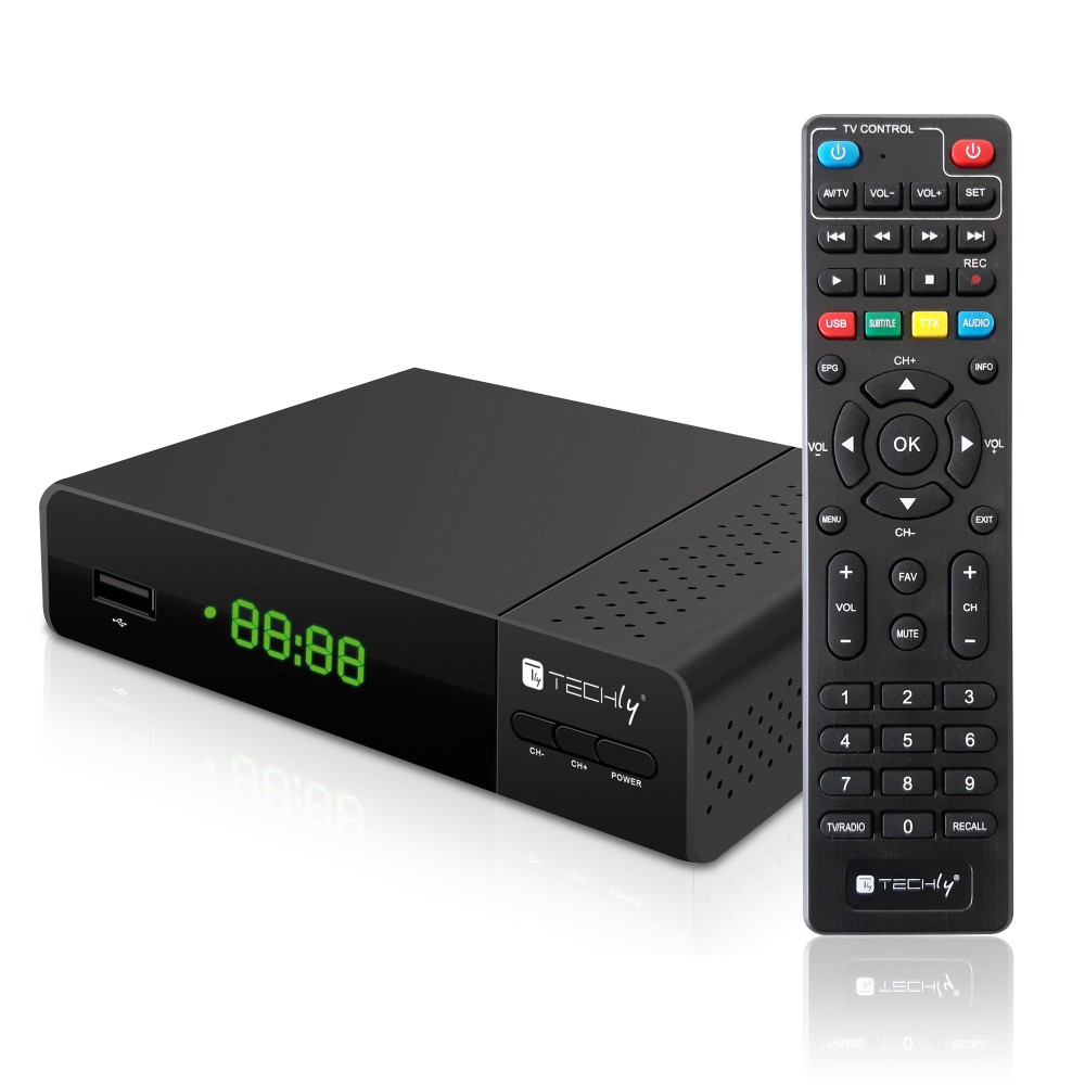 Decoder DVB-T/T2 H.265 HEVC 10bit Plastic with Display and 2 in 1 Universal Remote Control - TECHLY - IDATA TV-DT2PLB-1