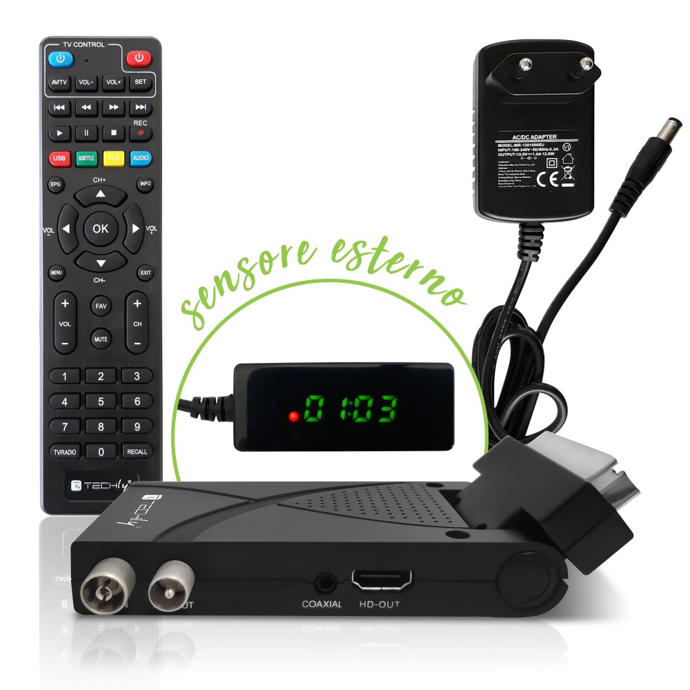Mini Decoder Digital Terrestrial DVB-T/T2 H.265 HEVC 10bit USB HDMI Scart 180° with Display and 2 in 1 Universal Remote Control - TECHLY - IDATA TV-DT2SCA-1