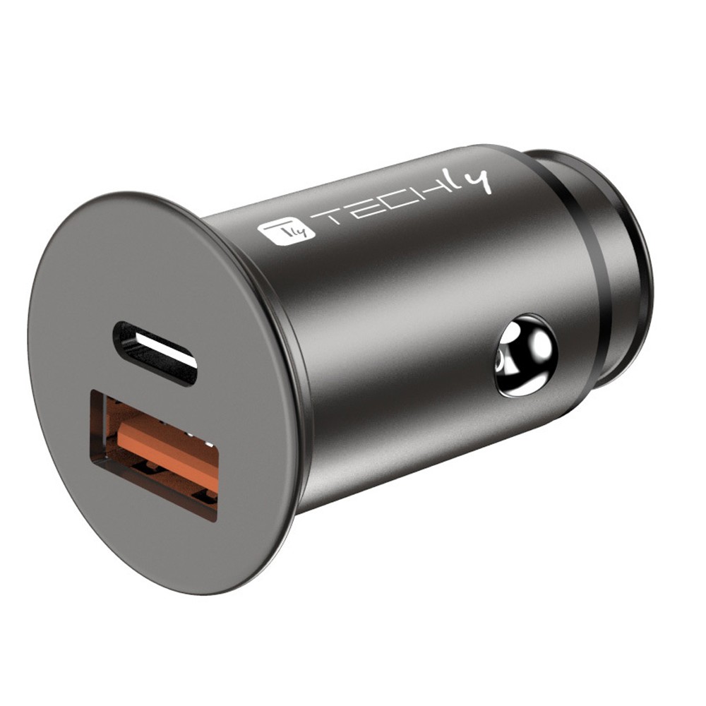Mini Car Charger USB-A and USB-C™ Quick Charge 3.0 38W in Black Metal - TECHLY - IUSB2-CAR5-AC38W-1