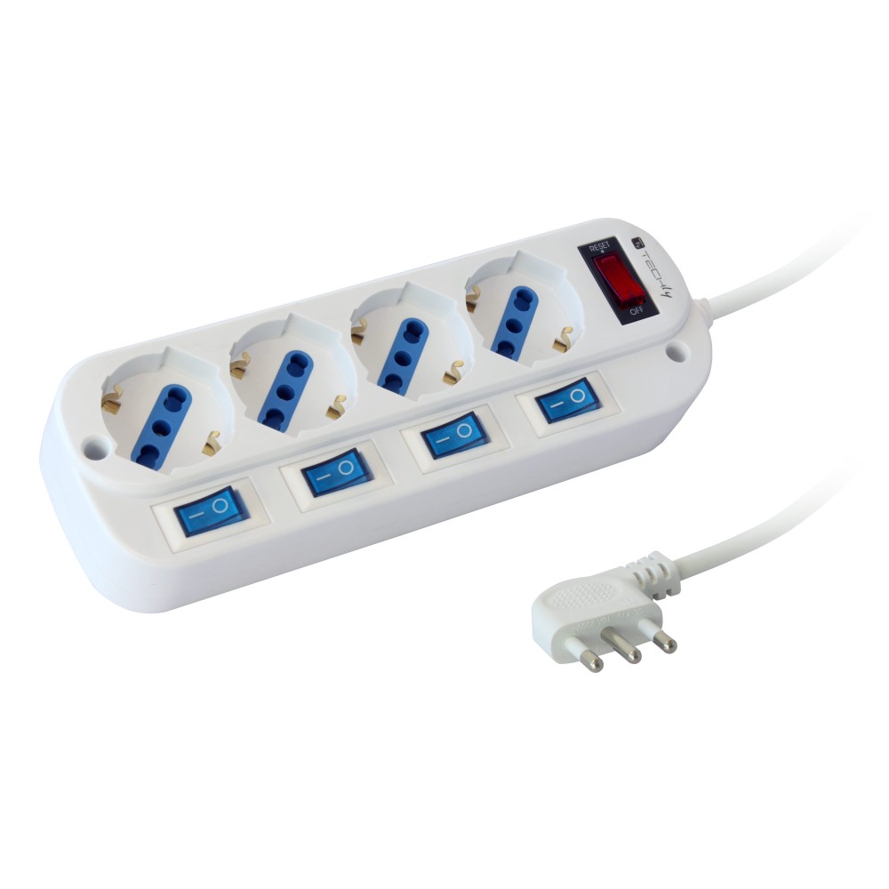 Multi-socket 4 dual-size/german standard with indipendent switches and overload protection - TECHLY - IUPS-PCP-4I-OP-1