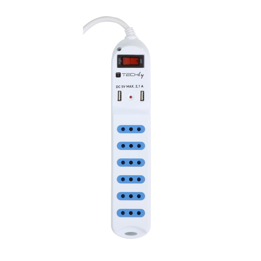 Multisocket with 6 italian sockets 10A, 2 USB ports and on/off switch  - TECHLY - IUPS-PCP-612U-1