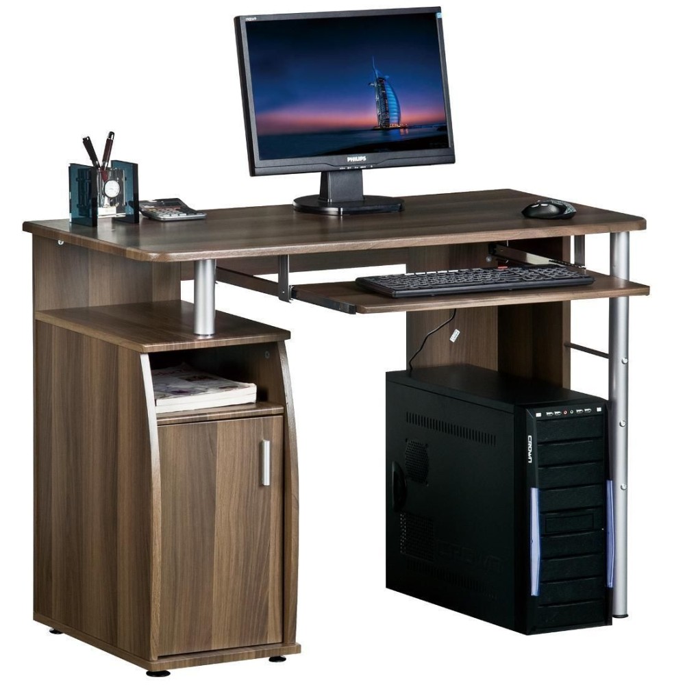 Compact Computer Desk with Four Shelves, Dark Walnut - TECHLY - ICA-TB 228-1