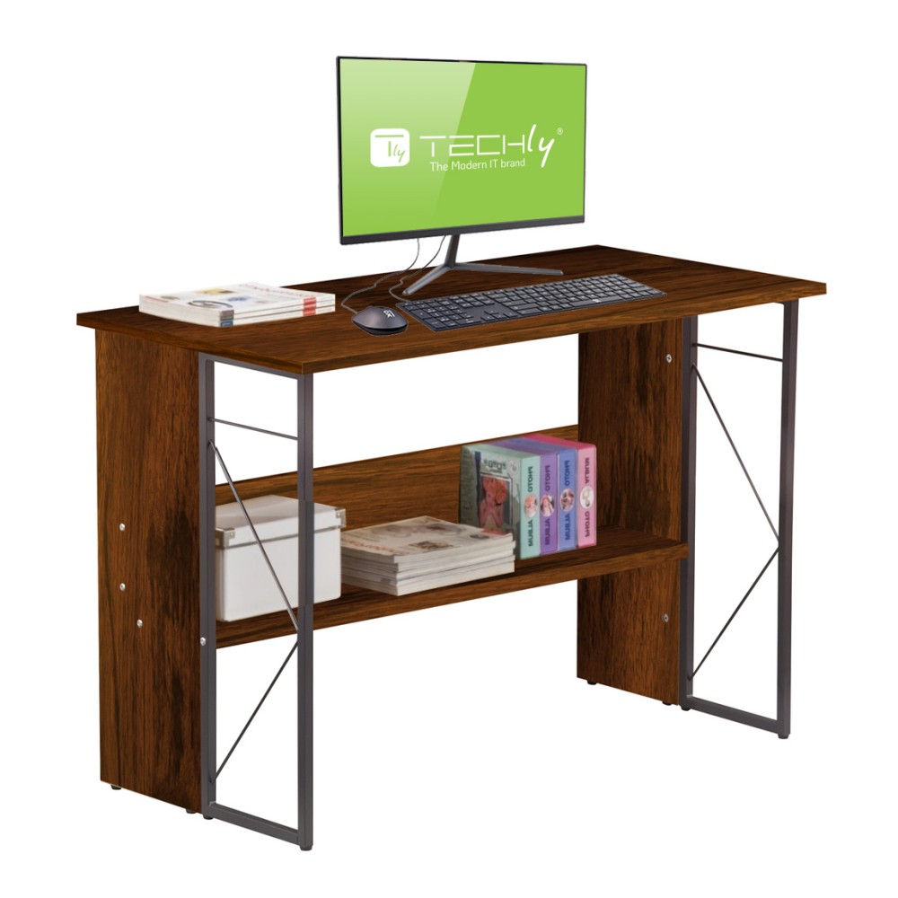 Industrial Style Space Saving Computer Desk with Steel Structure in Brown Wood - TECHLY - ICA-TB-3524C
