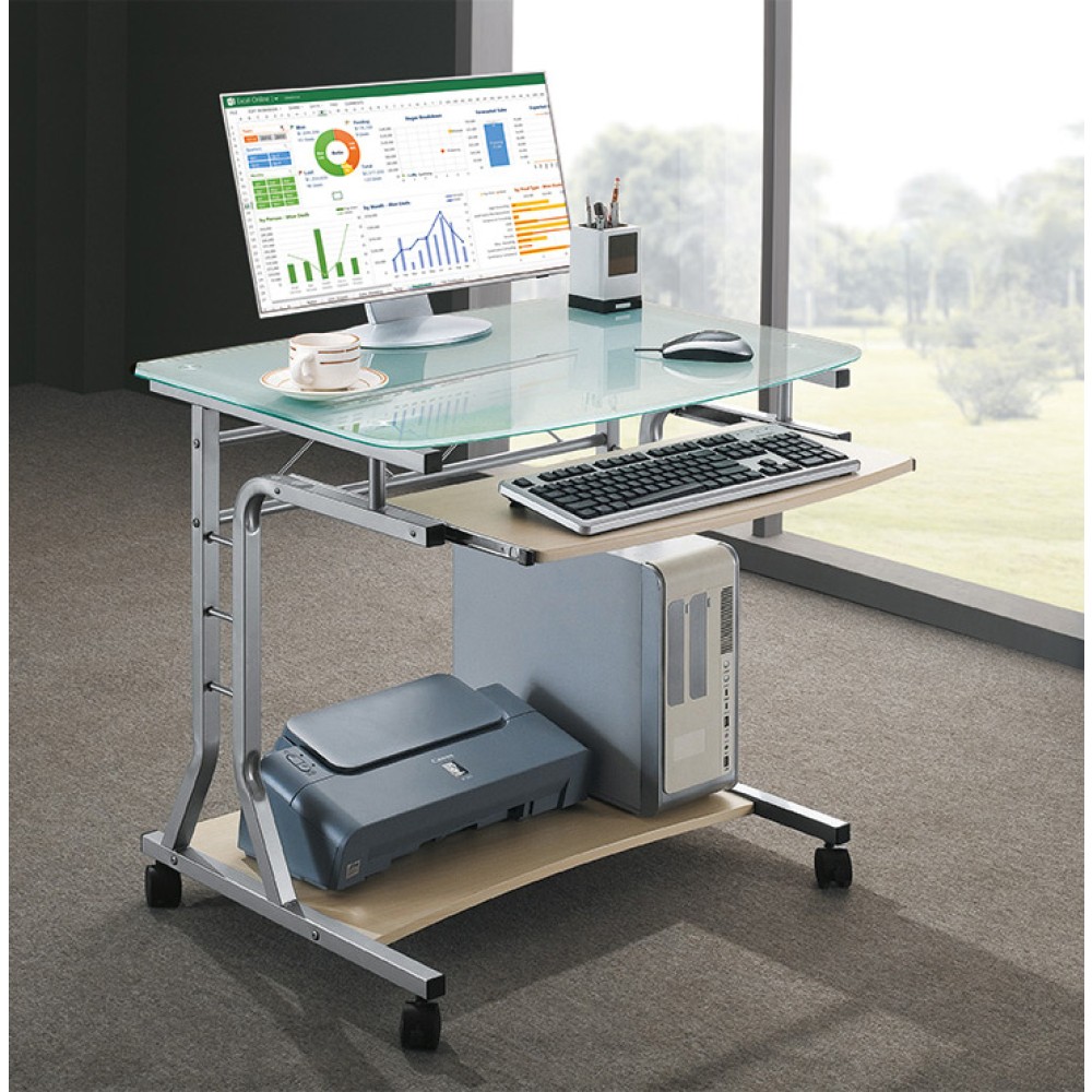 Compact Desk for PC Metal & Glass with Wheels - TECHLY - ICA-TB 3791A-1